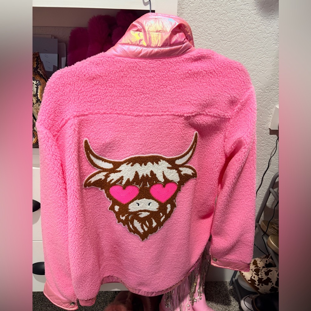 Grace+Emma Pink Fleece Jacket with Heart-Eyed Bull Design